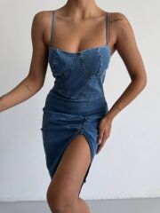 Kadın Omuz Askılı Derin Bacak Dekoltesi Ve Büzgü Detay Kot Elbise