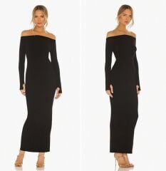 Kadın Uzun Kollu Madonna Yaka Parmak Geçmeli Detay Kaşkorse Elbise