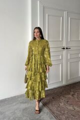 Yağ Yeşili Valonlu Şeritli Kat Kat Elbise