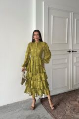 Yağ Yeşili Valonlu Şeritli Kat Kat Elbise