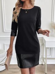 Kadın Uzun Kollu Bisiklet Yaka Deri Detaylı Ithal Krep Elbise