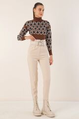 6556 Kemerli Kumaş Pantolon - Krem