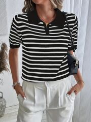 Kadın Kısa Kol Polo Yaka çizgi Desen Triko Bluz