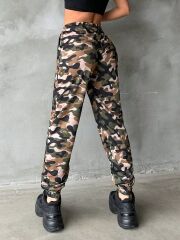 Kadın Yüksek Bel Kamuflaj Baskılı Bileği Lastik Detay İki İplik Pantolon
