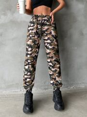 Kadın Yüksek Bel Kamuflaj Baskılı Bileği Lastik Detay İki İplik Pantolon