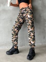 Kadın Yüksek Bel Kamuflaj Baskılı Bileği Lastik Detay İki İplik Pantolon
