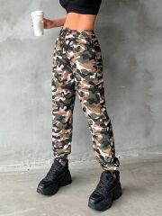 Kadın Yüksek Bel Kamuflaj Baskılı Bileği Lastik Detay İki İplik Pantolon