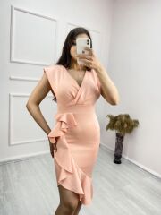 Scuba Kumaş Önü Fırfırlı Midi Boy Elbise