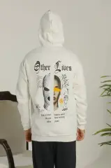 Erkek Sırt Baskılı Oversize Üç İplik Kapüşonlu Sweatshirt - Beyaz
