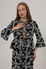 Fiyonk Bağlamalı Brode Bluz - Siyah