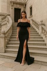 Kadın Dalgıç Krep Yırtmaç Detaylı Askılı Maxi Boy Elbise