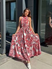 Kadın Halter Yakalı Omuzlardan Açık Kuşaklı Maksi Boy Desenli Süprem Elbise