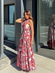 Kadın Halter Yakalı Omuzlardan Açık Kuşaklı Maksi Boy Desenli Süprem Elbise