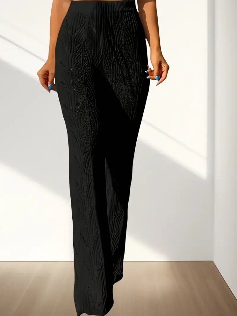 Kadın Yüksek Bel Bağcıklı Desenli Triko Plaj Pantolon