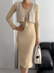 Kadın Bisiklet Yaka Midi Boy Elbise Ve Dantel Güpür Detay Yelek Fırsat ürün Ikili Takım