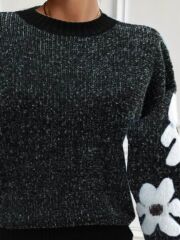 Kadın Uzun Kollu Bisiklet Yaka çiçek Desenli Triko Bluz