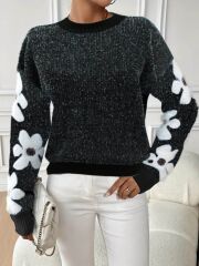 Kadın Uzun Kollu Bisiklet Yaka çiçek Desenli Triko Bluz