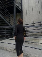 Kadın Kruvaze Yaka Balon Kol Simli Krep Kumaş Midi Boy Elbise