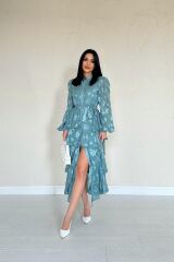 Mint Valonlu Şeritli Kat Kat Elbise