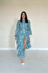 Mint Valonlu Şeritli Kat Kat Elbise