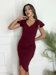 QKadın Kısa Kollu Kalp Yaka Yanlardan Büzgü Detay Midi Janjan Krep Elbise