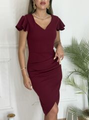 QKadın Kısa Kollu Kalp Yaka Yanlardan Büzgü Detay Midi Janjan Krep Elbise