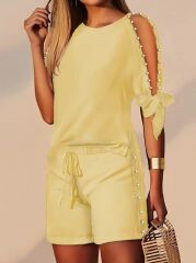 Kadın Kısa Kollu Bisiklet Yaka Yarı Açık Omuz Inci Detaylı Short T-shirt Viskon Ikili Takım