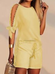 Kadın Kısa Kollu Bisiklet Yaka Yarı Açık Omuz Inci Detaylı Short T-shirt Viskon Ikili Takım