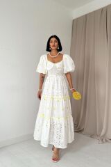 Sarı Dantel Detaylı Brode Elbise