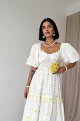 Sarı Dantel Detaylı Brode Elbise