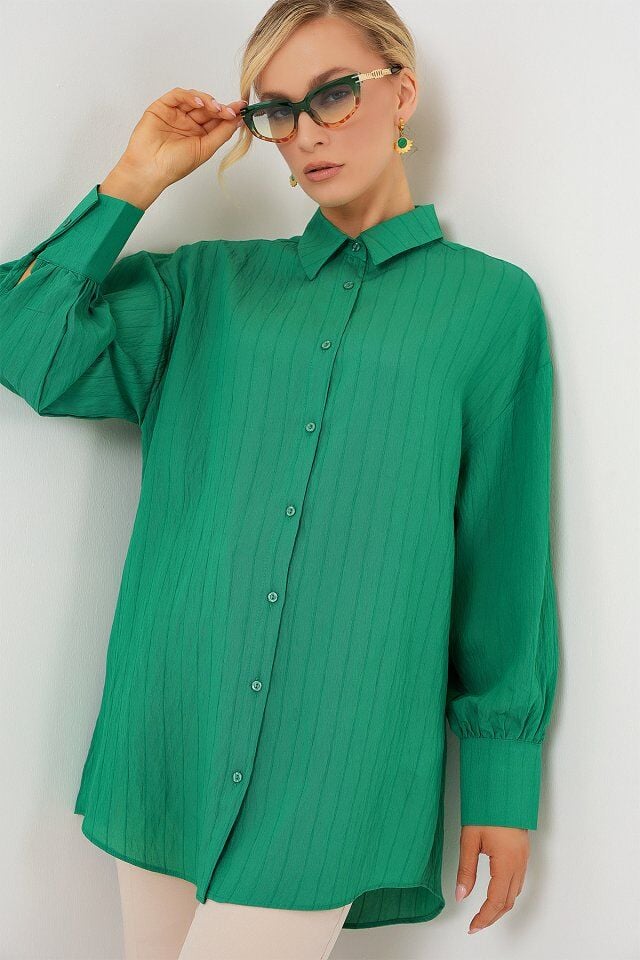 Çizgili Uzun Gömlek Tunik 5963 - Yeşil