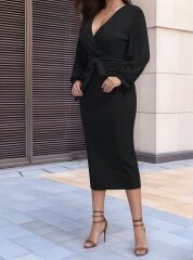 Kadın Uzun Kollu Kruvaze Yaka Belden Kuşaklı Midi Ithal Krep Elbise