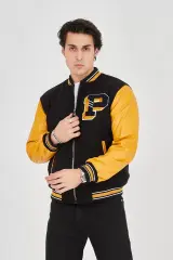 Erkek İçten Elyaf Ve Astarlı Kolları Suni Deri Ceket - Sarı