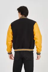 Erkek İçten Elyaf Ve Astarlı Kolları Suni Deri Ceket - Sarı