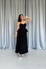 Siyah Beli Büzgülü İnci Askılı Uzun Elbise