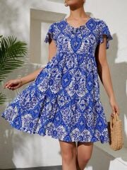 2352 V Yaka Kısa Elbise - Mavi