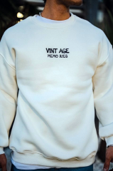 Oversize Bisiklet Yaka Üç İplik Baskılı SweatShirt - Beyaz