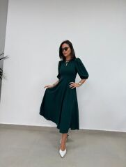 Kadın Kısa Kollu Bisiklet Yaka Fiyonk Broşlu Midi Janjan Krep Elbise