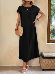 Kadın Uzun Kollu Yakası Açık Viskon Elbise