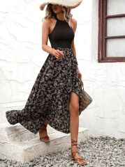 Kadın Reglan Kol Daire Yaka üst Viskon Alt Süprem Desenli Midi Elbise