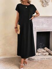 Kadın Uzun Kollu Yakası Açık Viskon Elbise