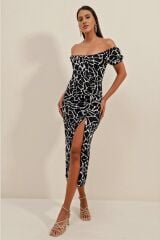 2396 Yırtmaçlı Yazlık Örme Elbise - A.Siyah