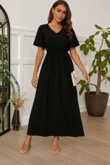 Kadın Kısa Kollu V Yakalı Beli Lastikli Uzun Viskon Elbise