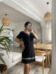 Kadın Kısa Kollu V Yakalı Etnik Desen şerit Detaylı Viskon Elbise