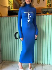 Kadın Uzun Kollu Boğazlı Baskı Detaylı Viskon Tam Boy Elbise