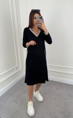 Kadın Uzun Kollu V Yakalı şerit Detaylı Cepli Midi Viskon Iki Iplik Elbise