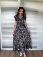 Kadın Kısa Kollu Kruvaze Yaka Beli Lastikli çiçek Desenli Elbise