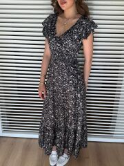 Kadın Kısa Kollu Kruvaze Yaka Beli Lastikli çiçek Desenli Elbise