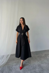 ÖNDEN DÜĞMELİ CRUSHLI MODAL ELBİSE - Siyah