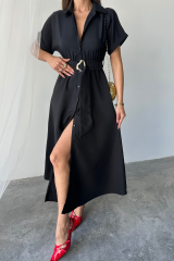 ÖNDEN DÜĞMELİ CRUSHLI MODAL ELBİSE - Siyah